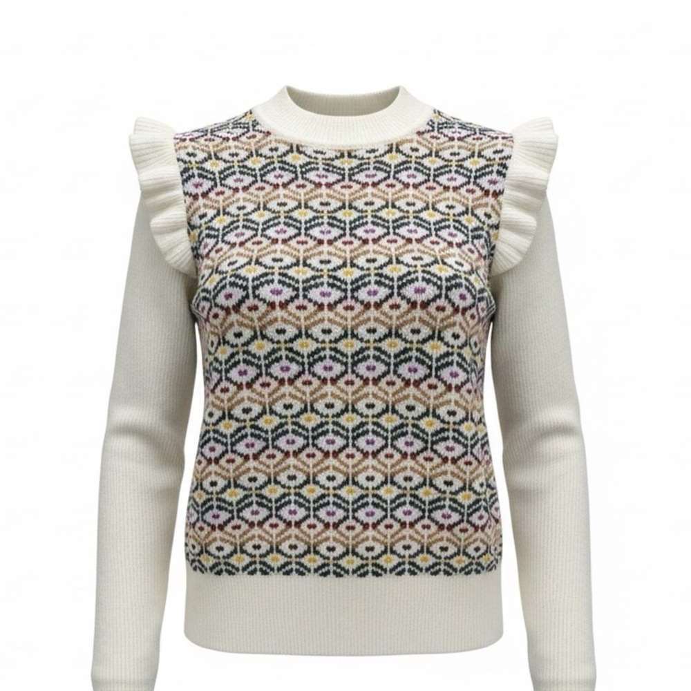 LOFT Geo Jacquard Multicolor Ruffle Shoulder Mock Neck Knit Sweater Small Petite